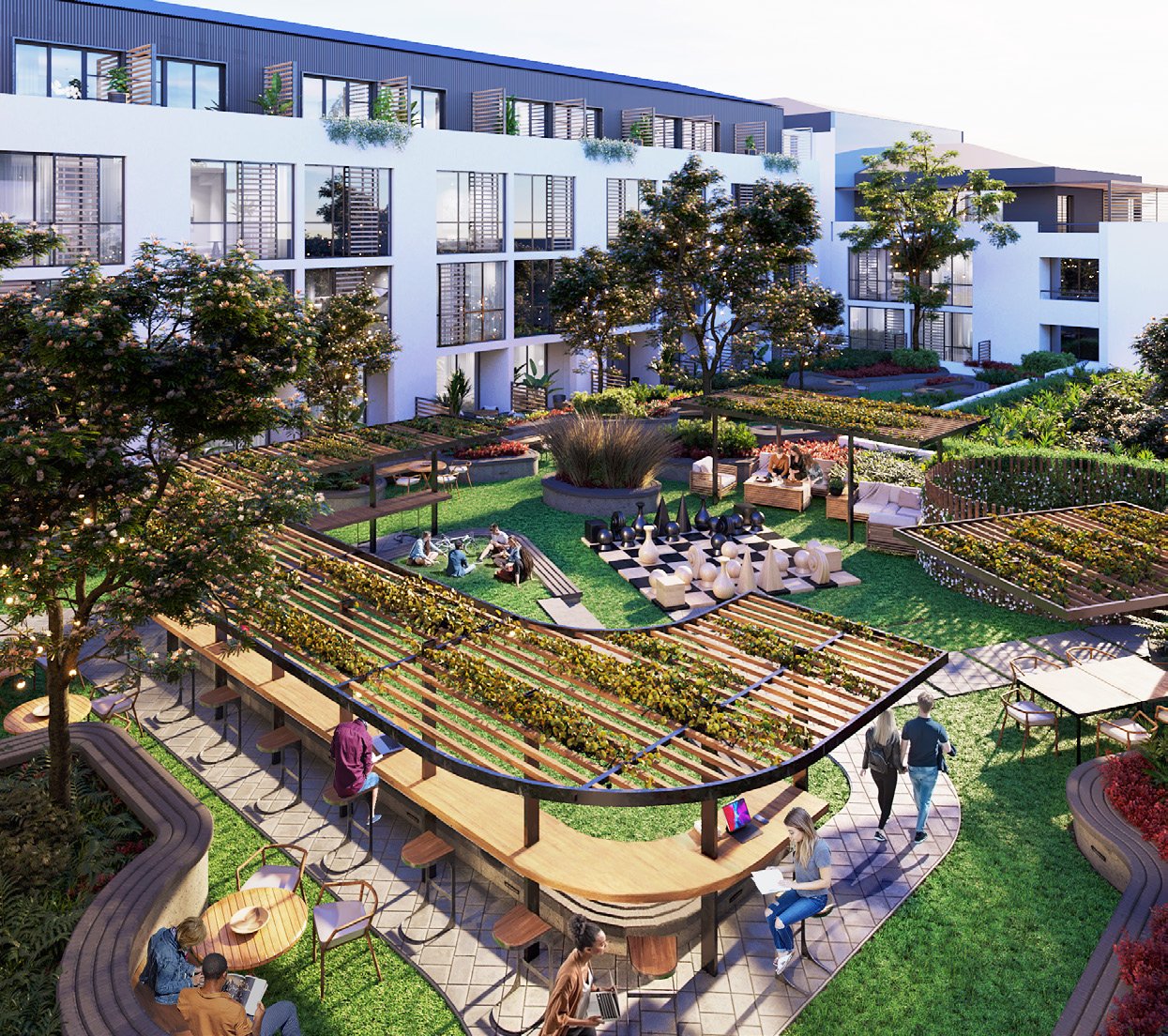 Jardin du campus avec terrasses et espaces de vie extérieurs