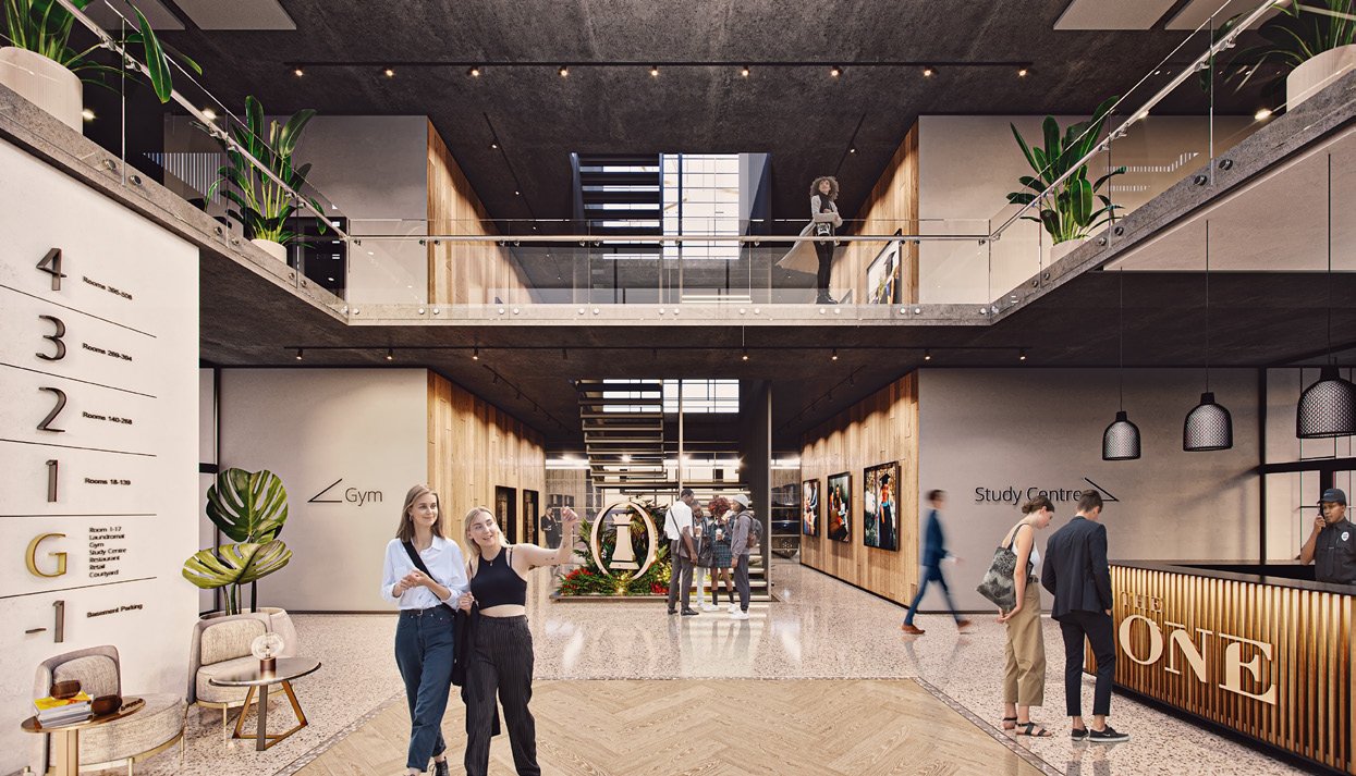 Hall d'entrée du campus avec réception double hauteur