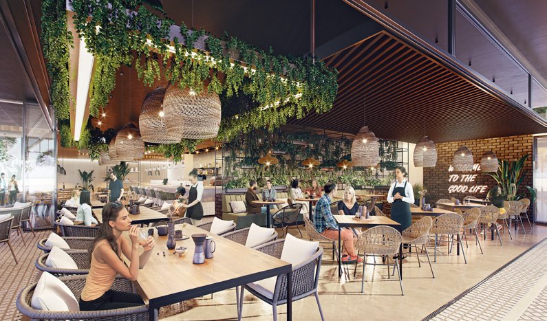 Restaurant campus intérieur avec végétation suspendue