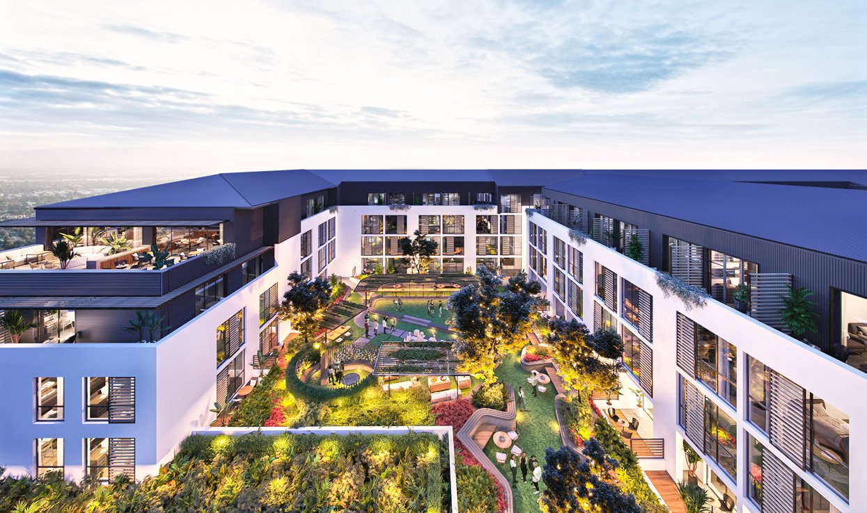 Cour zen du campus avec jardins paysagers illuminés